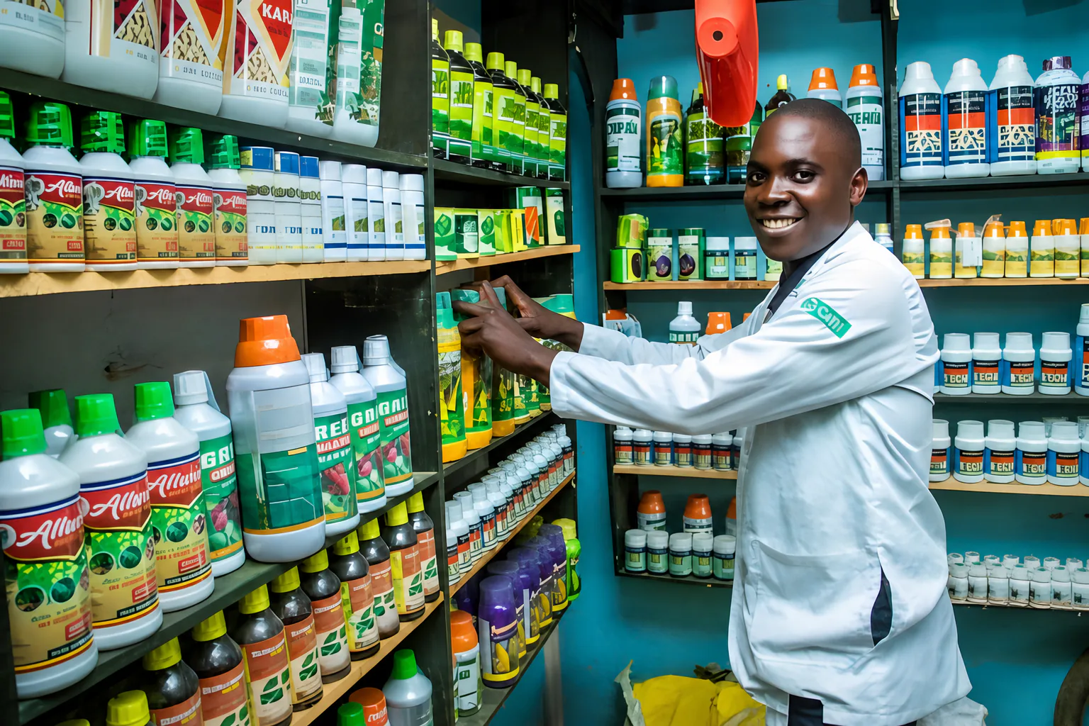 Agrochemical shop worker arranging products on stocked shelves