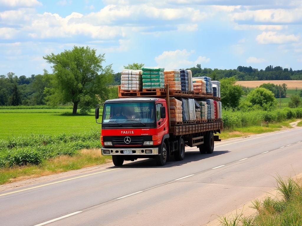 Truck transporting pallets of farm inputs along a rural road